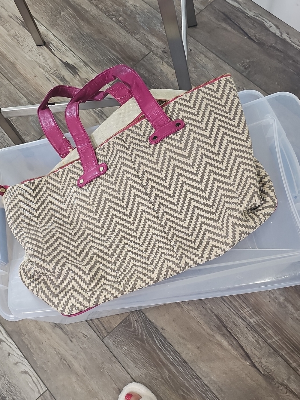 Deux Lux Neutral Chevron Tote with Hot Pink Handles